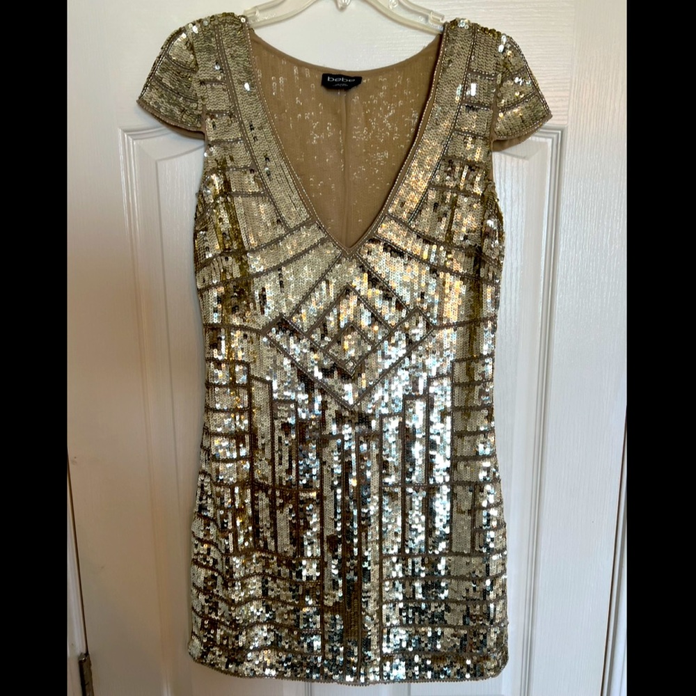 Bebe Gold Sequin mini dress size 6.